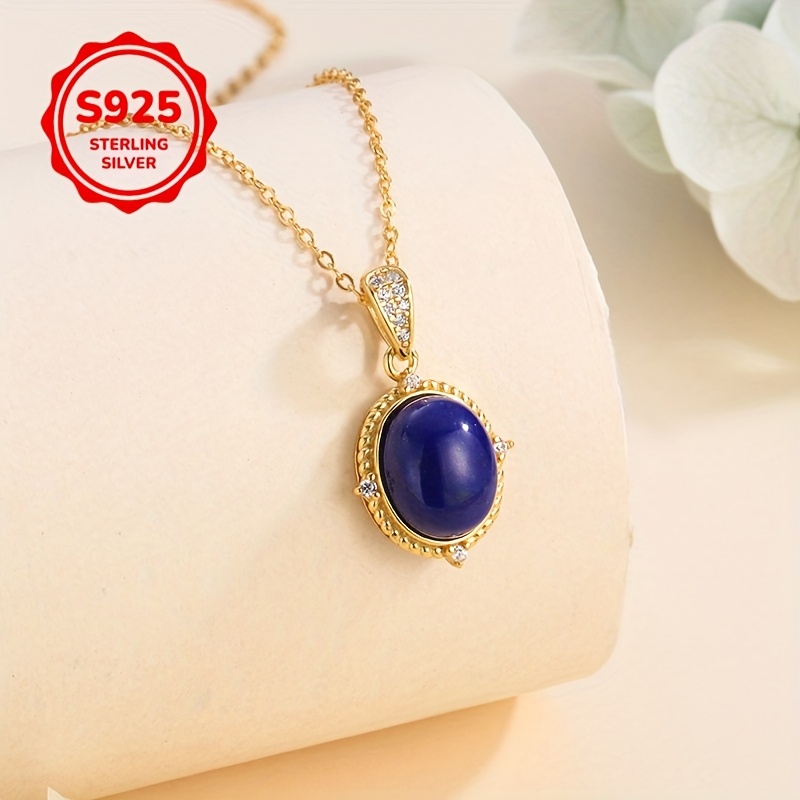 Vintage Oval Lapis Lazuli Pendant Necklace with 14K Golden Plated Chain
