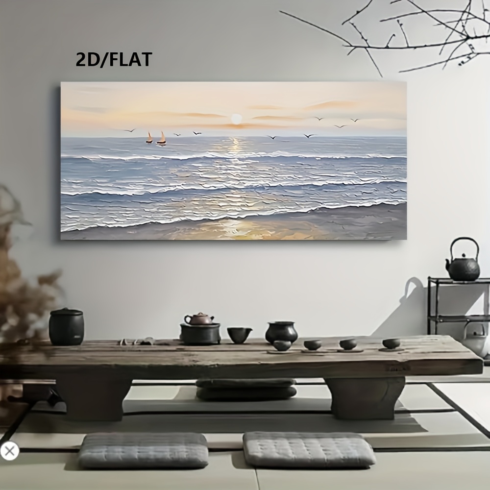 TEMU 2d Flat, Hand-painted Oil Painting Art | Smooth Sailing Living Room Decoration, Light Luxury Sunrise Sea Hanging Painting Texture Mural,