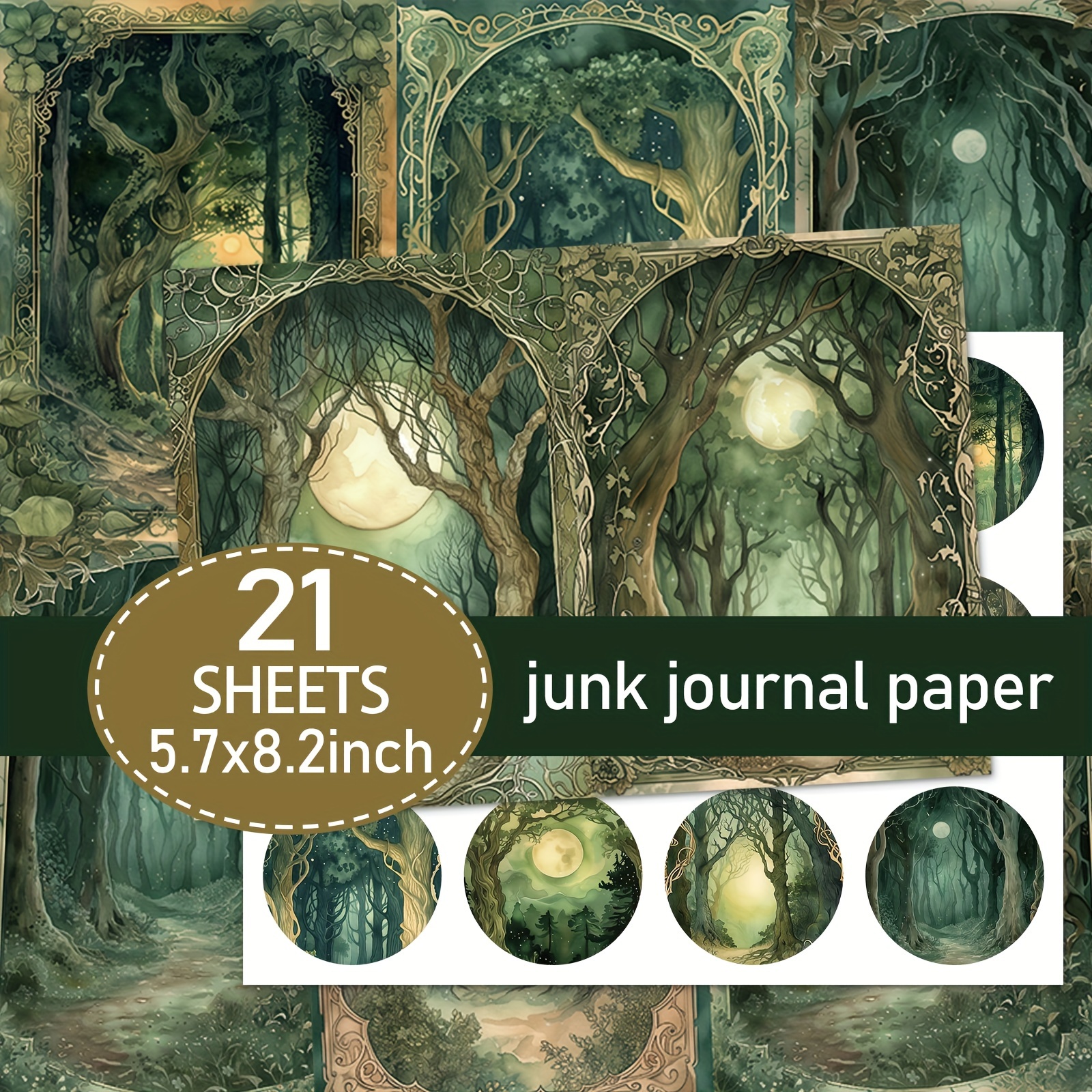 E-shop Ein Set mit 21 A5 Scrapbooking-Papieren im Vintage-Stil "Magischer Wald", inklusive Papier und Stickers, entwickelt für handgefertigte
