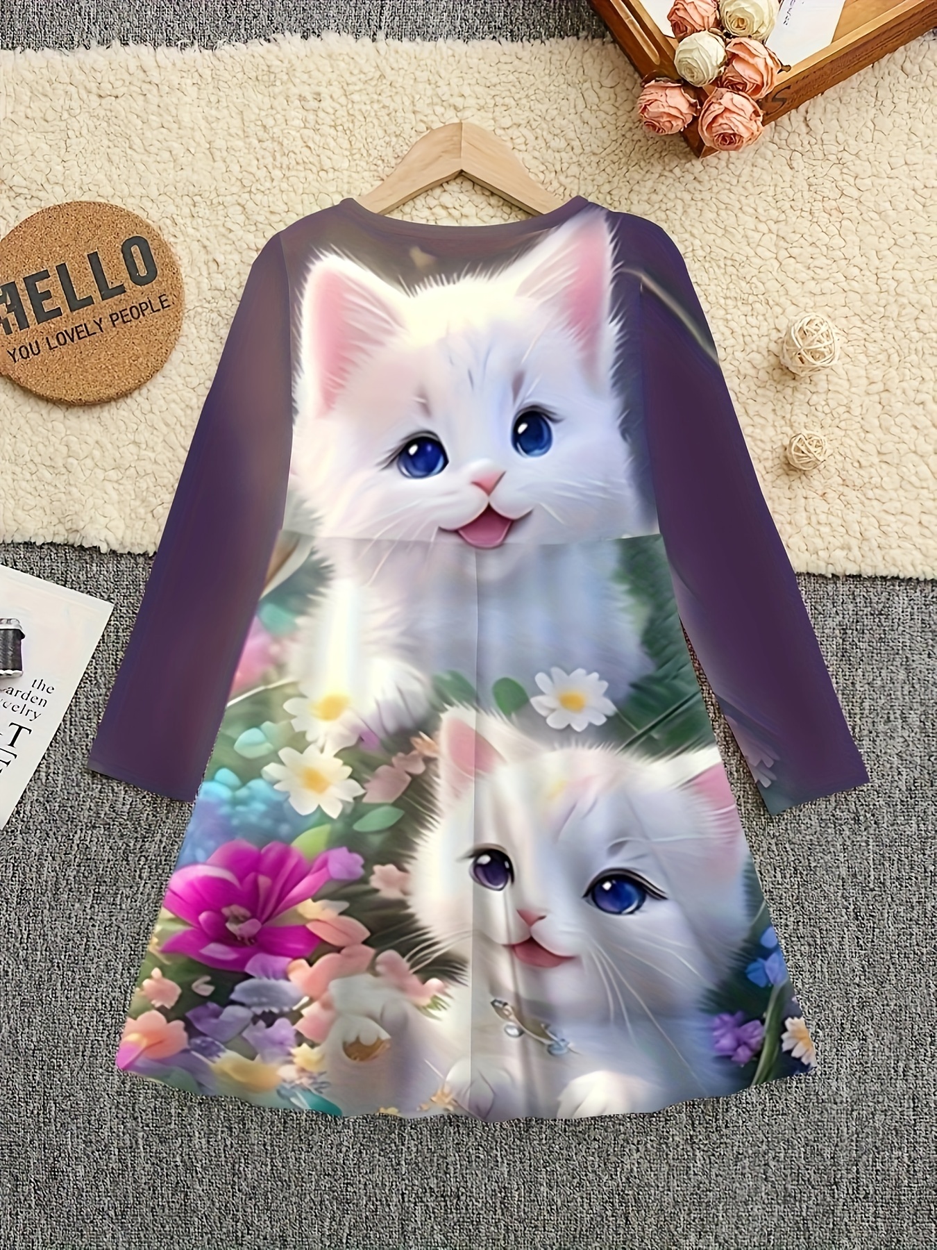 white kittens print long sleeve dress girls Temu