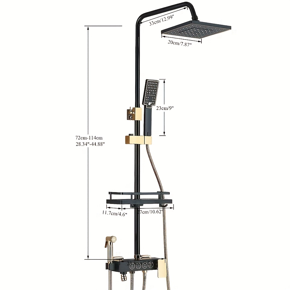 Luxury Black Golden Square Shower Head - Wall-Mounted with Extension Rod, 4 Adjustable Spray Settings, Stainless Steel & Painted Finish, Dual Function Controls for Full Body Coverage, No Electricity Needed