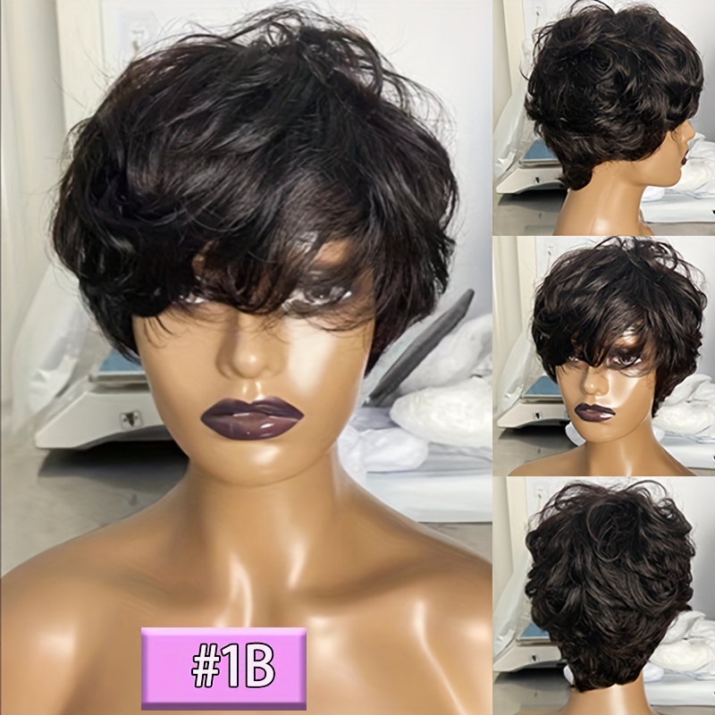 TEMU Short Curly Wavy Cut Wig With Bangs - Hair, Glueless Full Machine Made, 150% Density, , 6 Inch, Suitable For All Light Beige Tones, Easy To Style & , Short Hair Wig