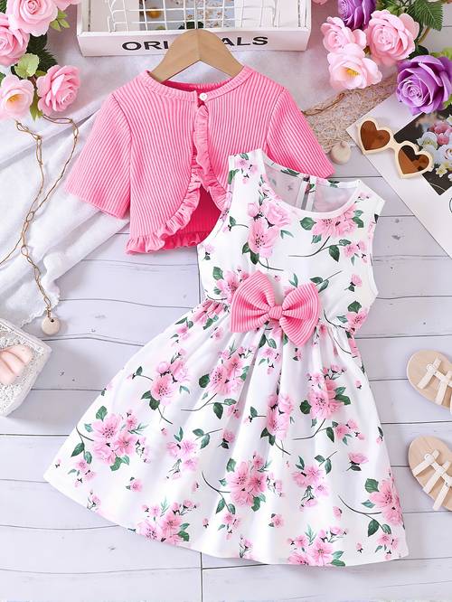 girls 2pcs set cardigan jacket with printed tank dress for back to school campus fashion