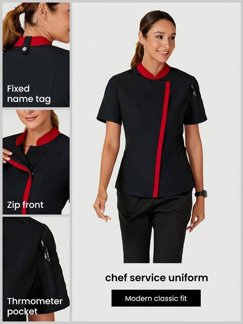 short sleeve small stand up collar red and black chef uniform pet shop grooming workwear 2pcs set wilderness
