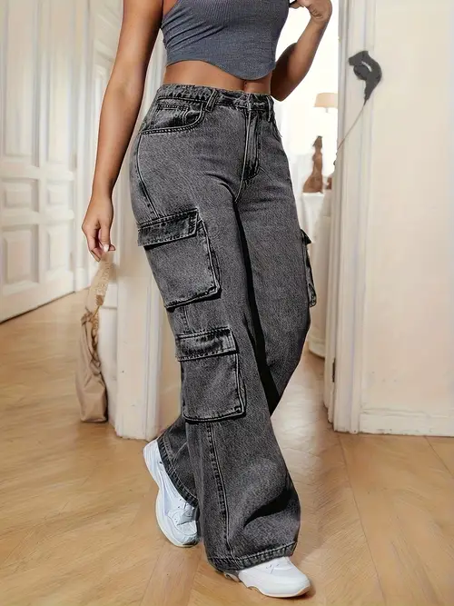 womens casual wide leg pants multi pocket overalls denim pants everyday wear