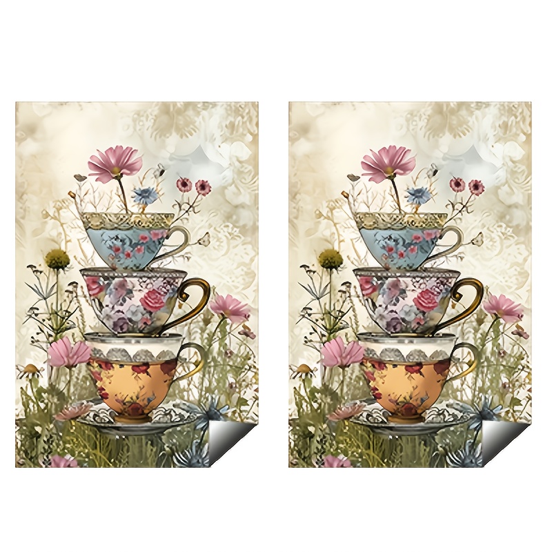 TEMU Paño de limpieza 2 piezas, toalla de cocina con estampado floral de taza de té vintage, regalo de para familiares y , regalo de inauguración de