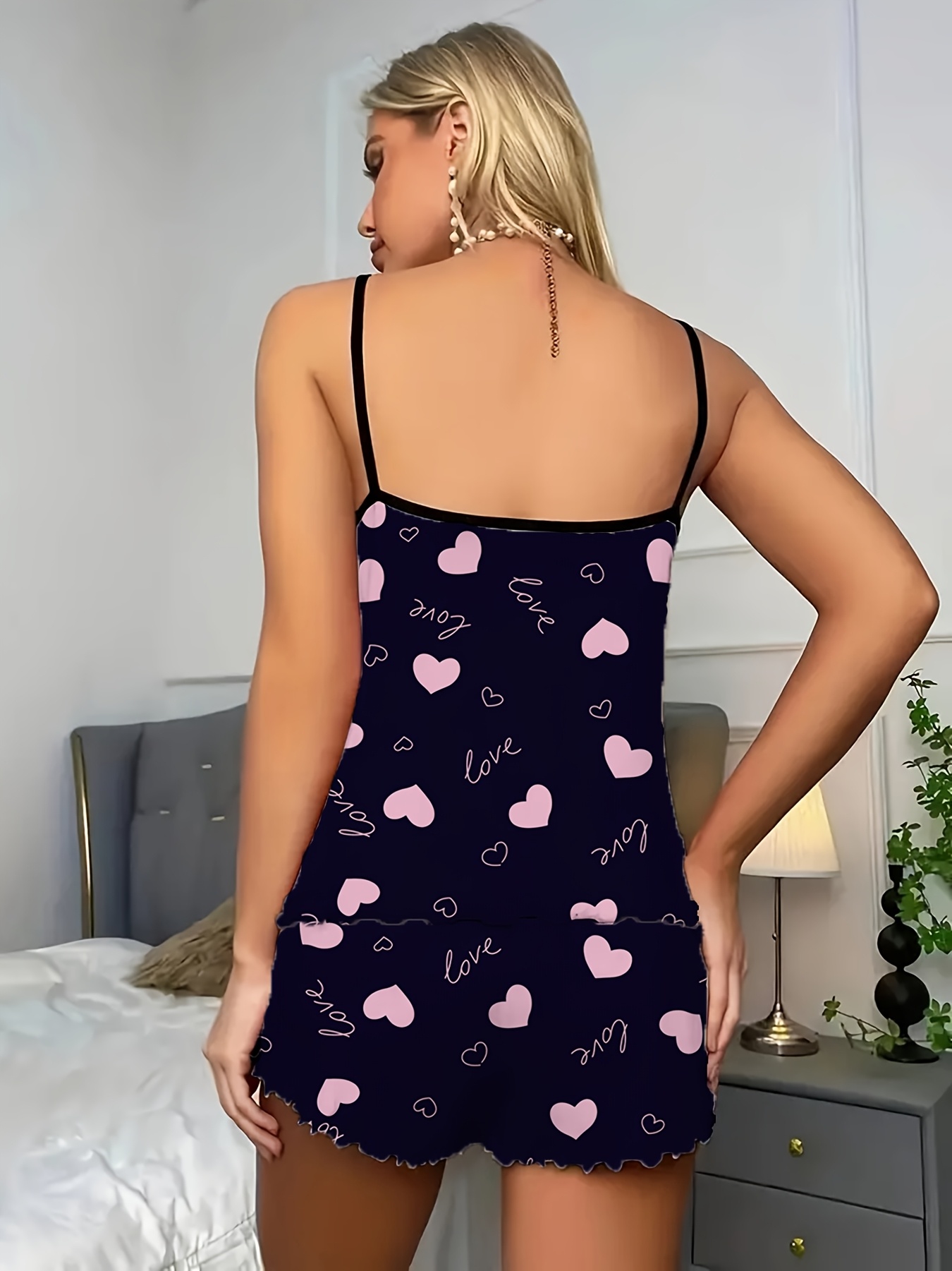 1 Set Women'S Sexy Polyester Pajama Set, Love Heart Print Spaghetti Strap Shorts, Knit Fabric Sleepwear for All Seasons, Adult Lounge Set