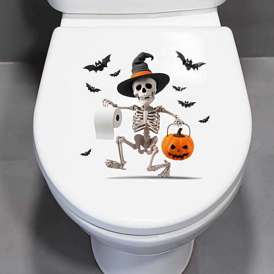 TEMU 1 pz Adesivo per WC con zucca, , scheletro e carta igienica per festa di Halloween, adesivo decorativo rimovibile per sedile WC, bar, casa,