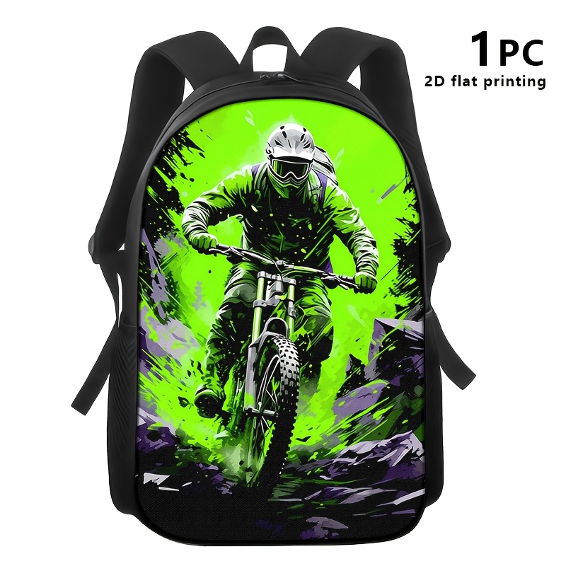TEMU 1pc/2pcs/3pcs Backpack, Shoulder Bag, Pouch With Mountain Biker 2d Print; Ideal For Urban , , And Daily Use; , Edgy Design., 2d Flat