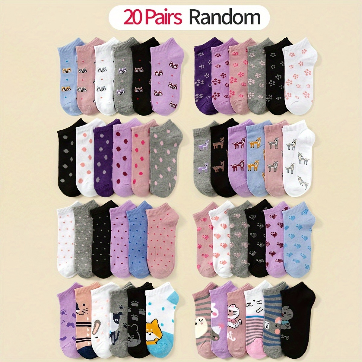 

20 Pairs Of Teenager's Adorable Animals Pattern Liner Socks, Comfy Breathable Casual Soft & Elastic Socks, Spring & Summer