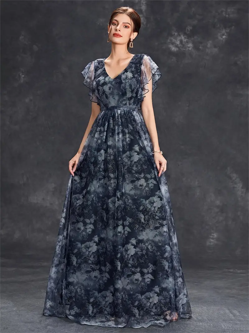 elegant womens deep v neck bridesmaid dress with short sleeves floral print lace trim satin mesh overlay ruffle hem a line long skirt weddings and formal events wedding guest attire floral print dress Product details 3