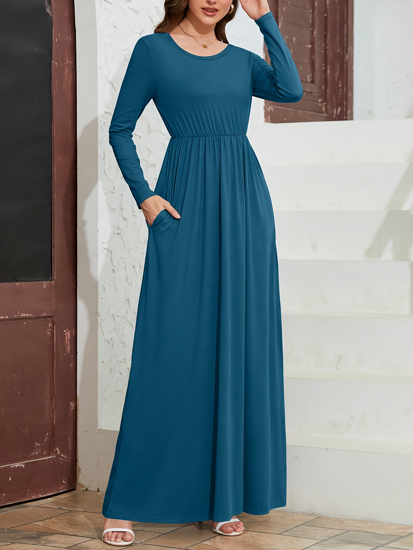 womens casual a line long sleeve dress solid color machine - Temu Spain