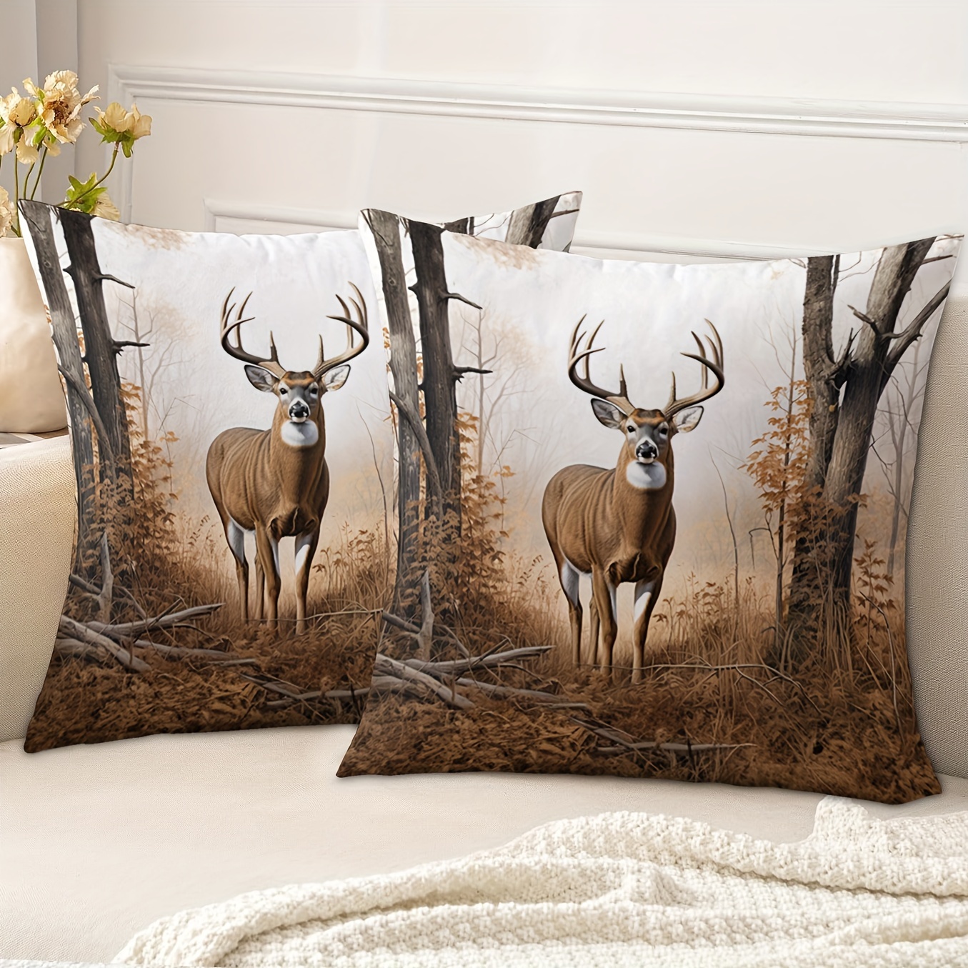 

2-piece Brown Deer Forest Throw Pillow Covers - Soft, Double-sided Print, Zip Closure For Easy Care - Perfect For Living Room & Bedroom Decor (pillow Not Included)
