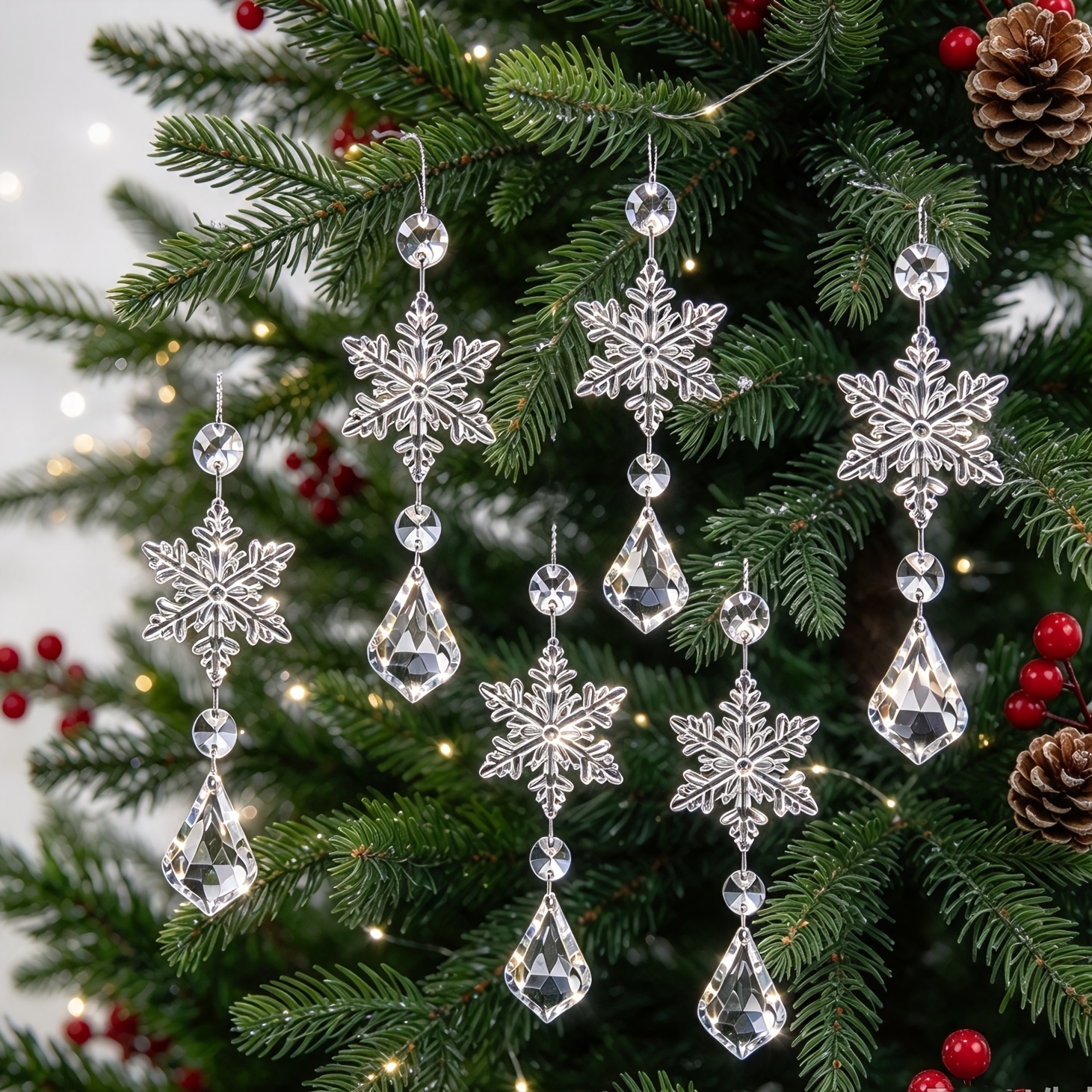 TEMU 6pcs Snowflake Christmas Ornaments, Transparent Christmas Tree Hanging Decorations, Suitable For Christmas Trees, Halloween, And New Year Decor,