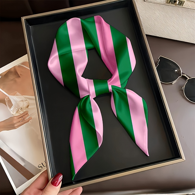 TEMU 1pc 35-inch Y Scarf With Striped Pattern, Premium Printed Design, Pink-green Contrast Color, Versatile For , Perfect For Work, Date, Or Vacation