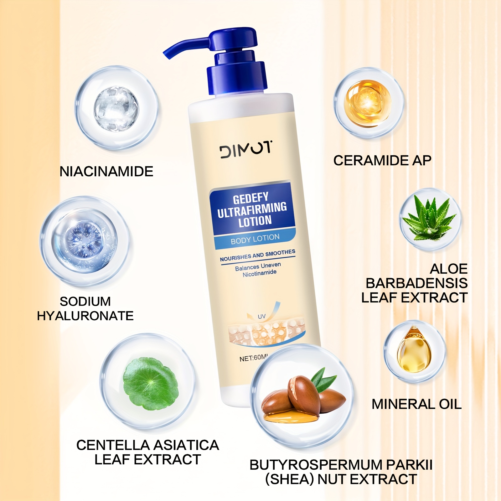 DIMOT 60ml Ultrafirming i Lifting Losion za Tijelo - Bez Mirisa, Bez Alkohola, Dnevna i Noćna Hidratacija za Sve Tipove Svijetlo Bež Kože, Ugladi Sitne Linije, Povećava Elastičnost, Vlaži, Elegantno Pakiranje, Premium Njega Kože, Ženska Njega, Rutina Njege, Moderna Njega, Formula bez Alkohola