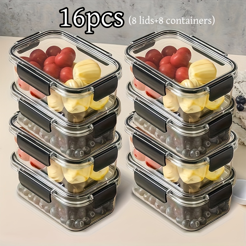 Image of 16pcs (8 Lids + 8 Containers) Stackable Refrigerator Storage Containers With Airtight Lid Food Storage Containers - High Pet Food Grade Material For Fruits, Vegetables, Meat