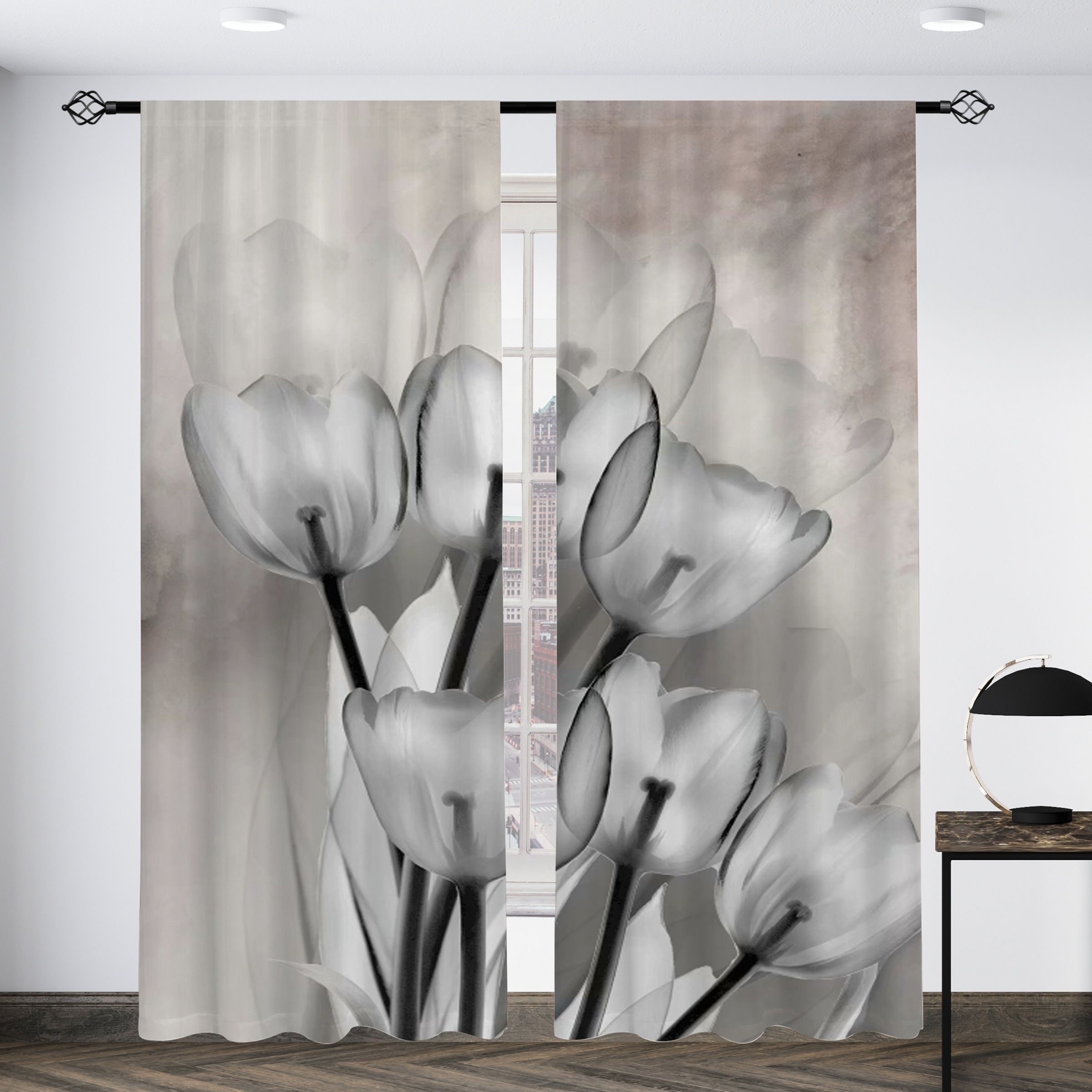 TEMU [ Activated] 2pcs, Gray Floral Printed Semi-transparent Curtains, Living Room Game Room Bedroom Multi-scene Polyester Rod-passing Decorative