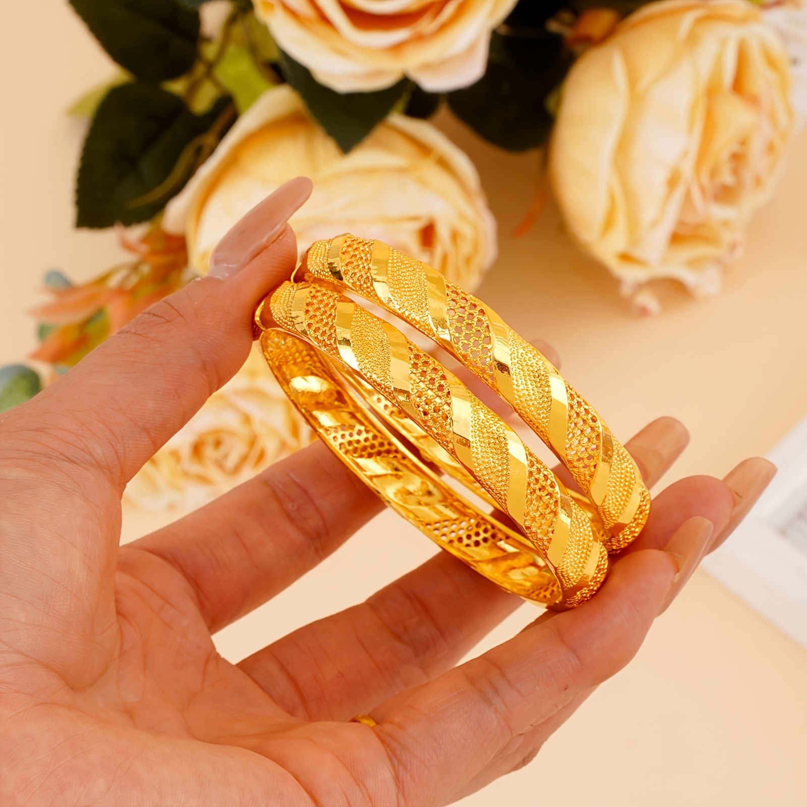 3pcs Golden Plated Openwork Bracelets for Daily Matching