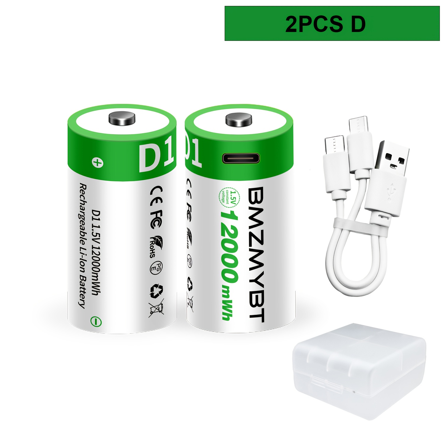 TEMU 2pcs High-capacity 8000mah 12000mwh Rechargeable D Batteries With Usb-c Fast Charging, 3h , 1200+ Cycle Life, Compatible With Gaming Consoles,