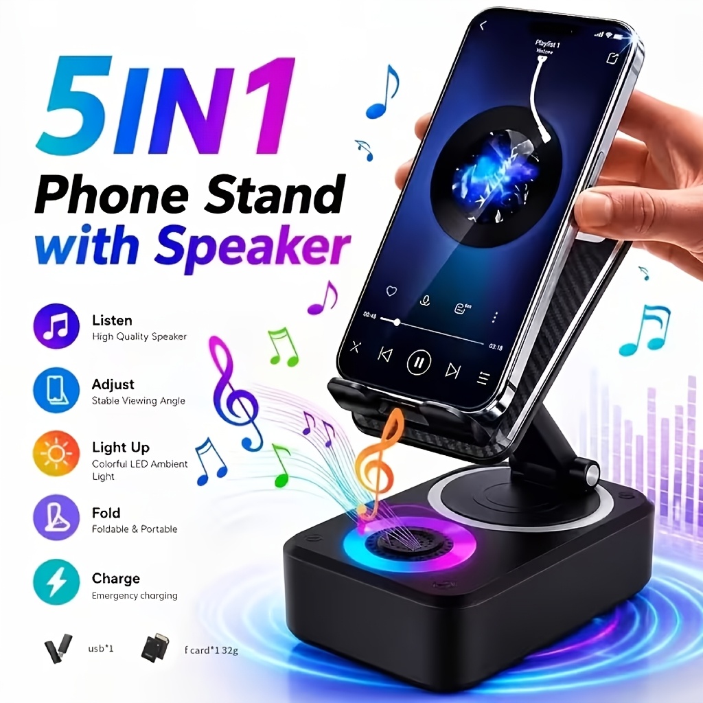 TEMU 2026 New Speaker, Stand, With Speaker And Emergency Charging, 360° Adjustable And Foldable Magnetic Speaker Stand, Portable Emergency Charger,