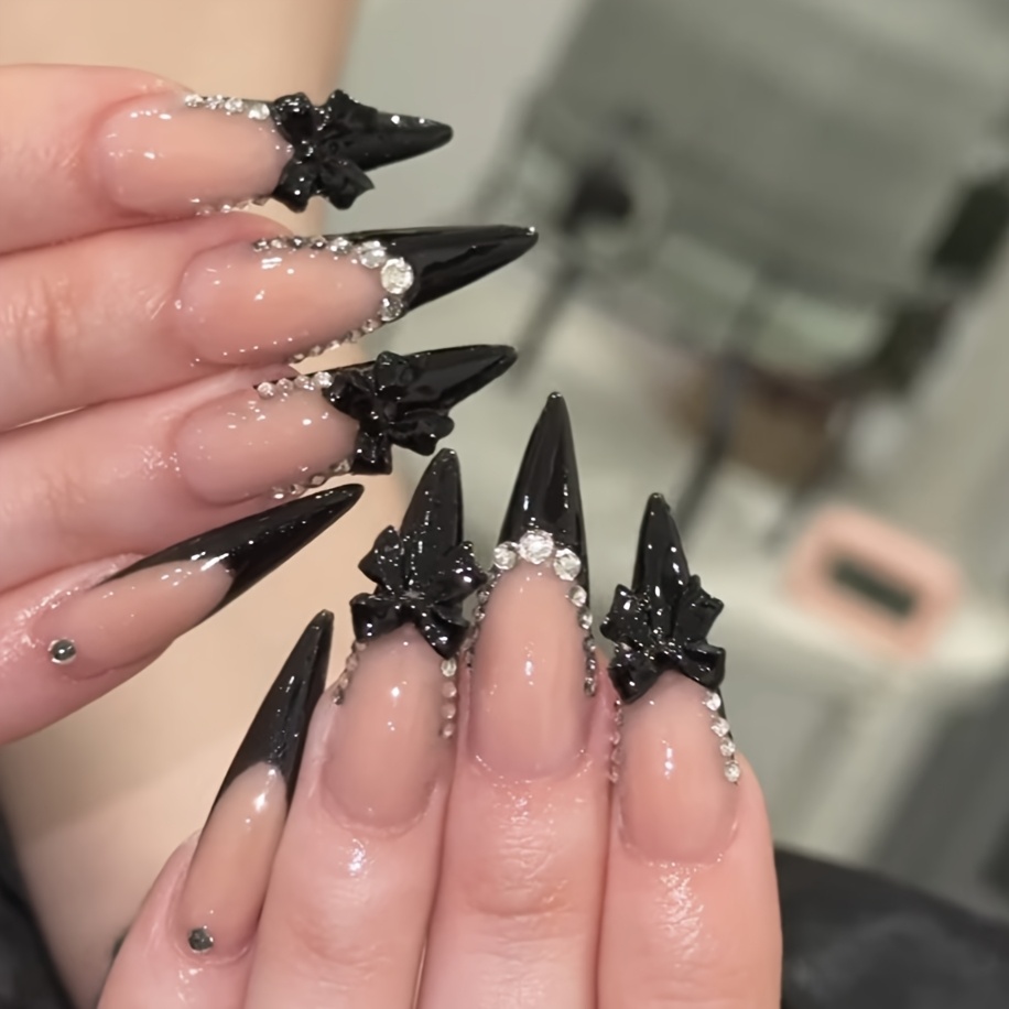 TEMU 24pcs Black Pointed Diamond Long Pointed Sweet Girly French Premium Wearable Nail Fake Nails