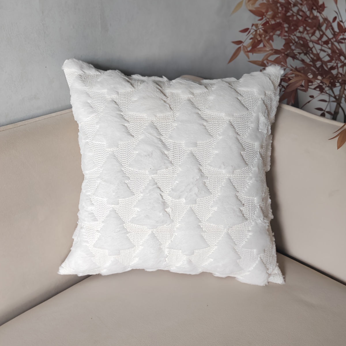 Image of 1pc Christmas Plush Pillow Cover With Snowflakes And Embroidered Christmas Trees, Perfect For Decorating Your Living Room Sofa For Parties