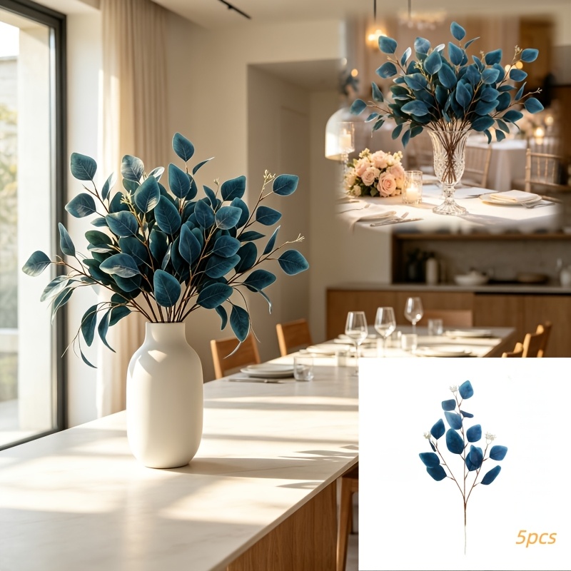 TEMU 5-pack Dark Blue Eucalyptus Artificial Flowers With Fruits, Faux Greenery Decorative Flowers With Full, Realistic, And Textured Leaves. Suitable