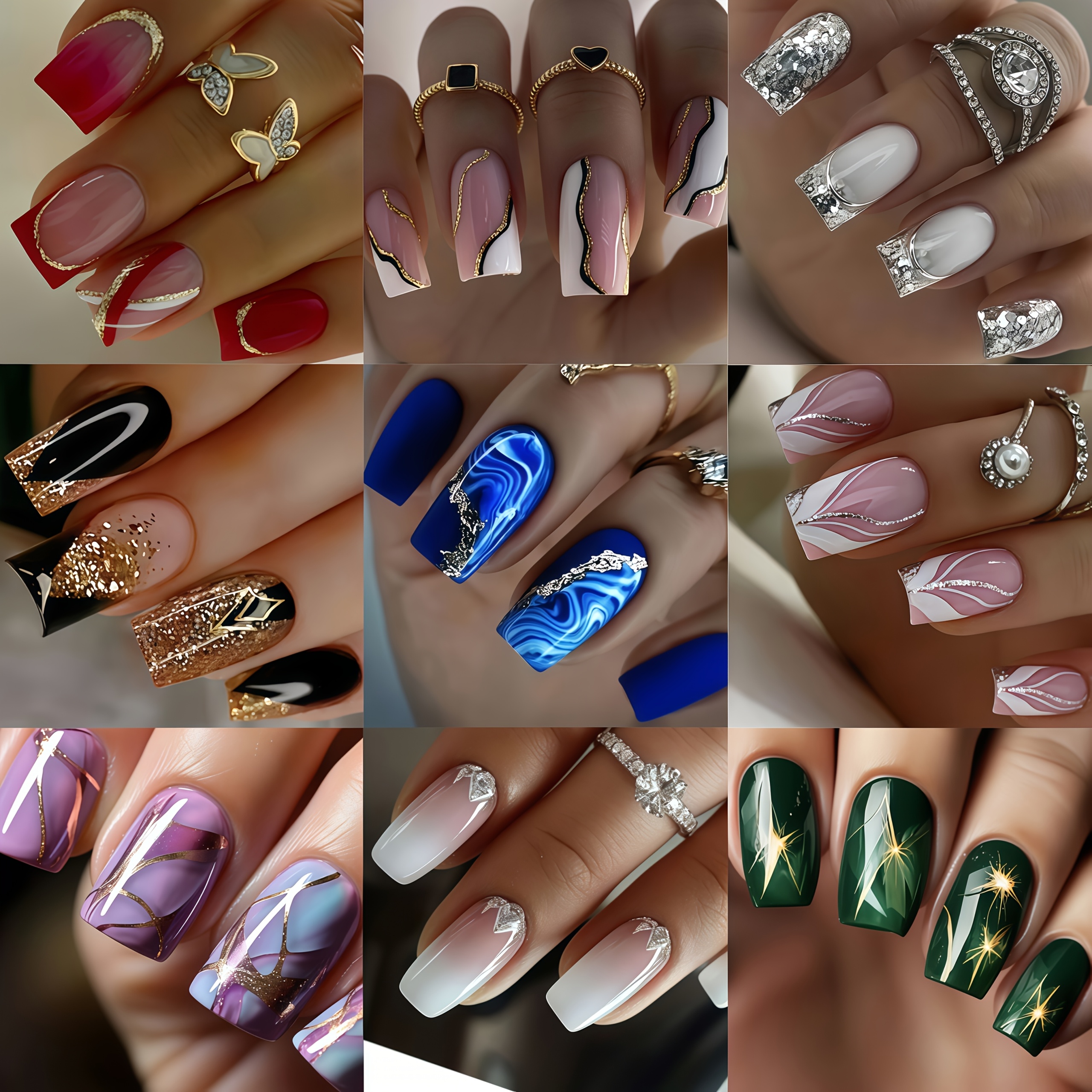 TEMU 216pcs Mixed Nails Medium Length Square Shape Manicure 9 Styles Of Different Colors Blue Green Nails Detachable False Nails Reusable False Nails