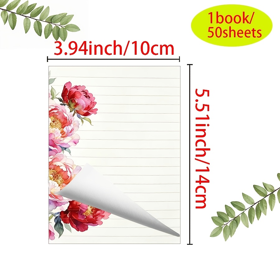 TEMU 50 Sheets/pad, Watercolor Peony Lined Memo Pad, 10×14cm, High-value Notepad, Office Memo Planner, Tear-off Sticky Notes, Artistic Floral Border