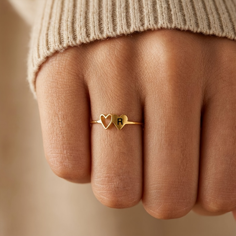 TEMU Personalized Initial Ring, Adjustable For Women 18k Gold Plated Stainless Steel, Hypoallergenic & Tarnish-resistant, Stackable Promise Ring