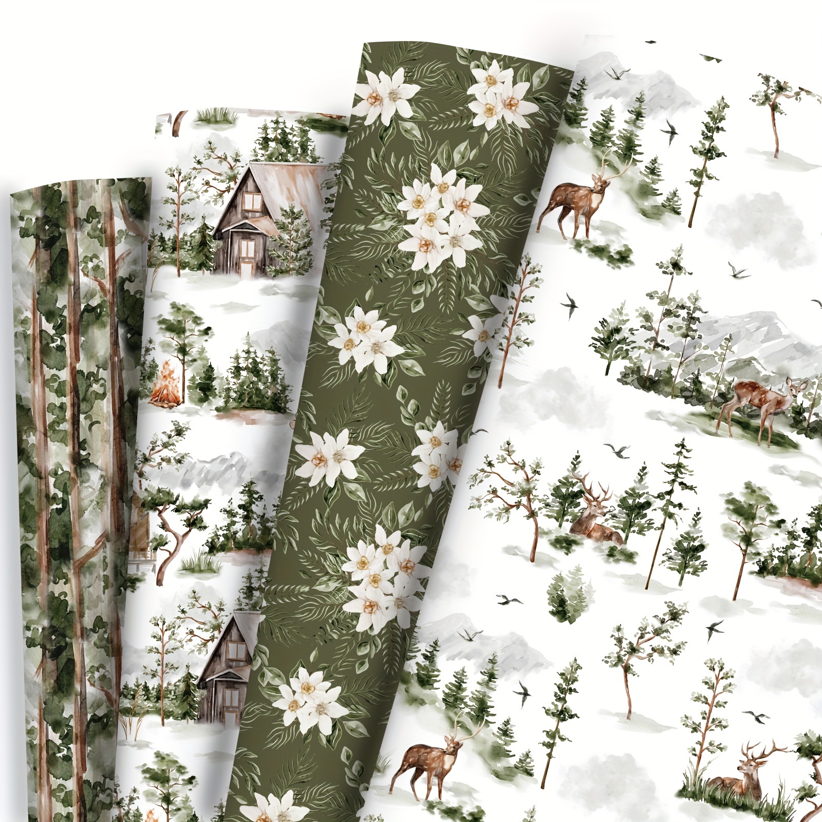 Image of 8pcs, 20 X 28 Inches Forest Green Wrapping Paper 4 Watercolor Woodland Snow Scene Style Gift Wrap Paper Bulk Reindeer And Farmhouse For Christmas Wedding