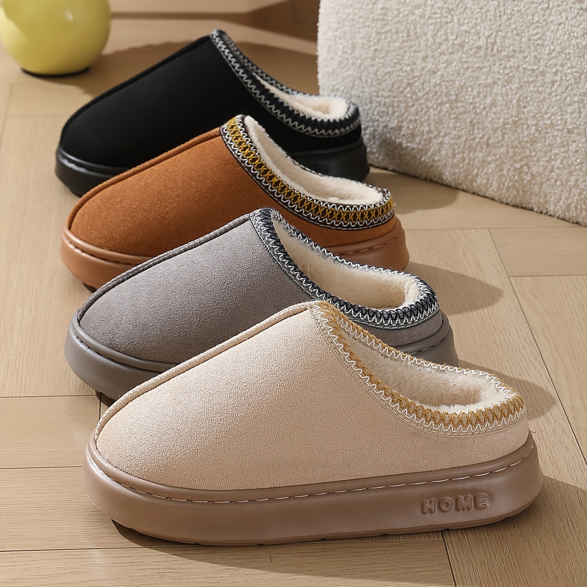 

Vintage Style Solid Color Slip-on Slippers, Comfortable Warm Fabric Lined With Insole, , Non-slip Eva Sole, For Couples, Home Footwear For All