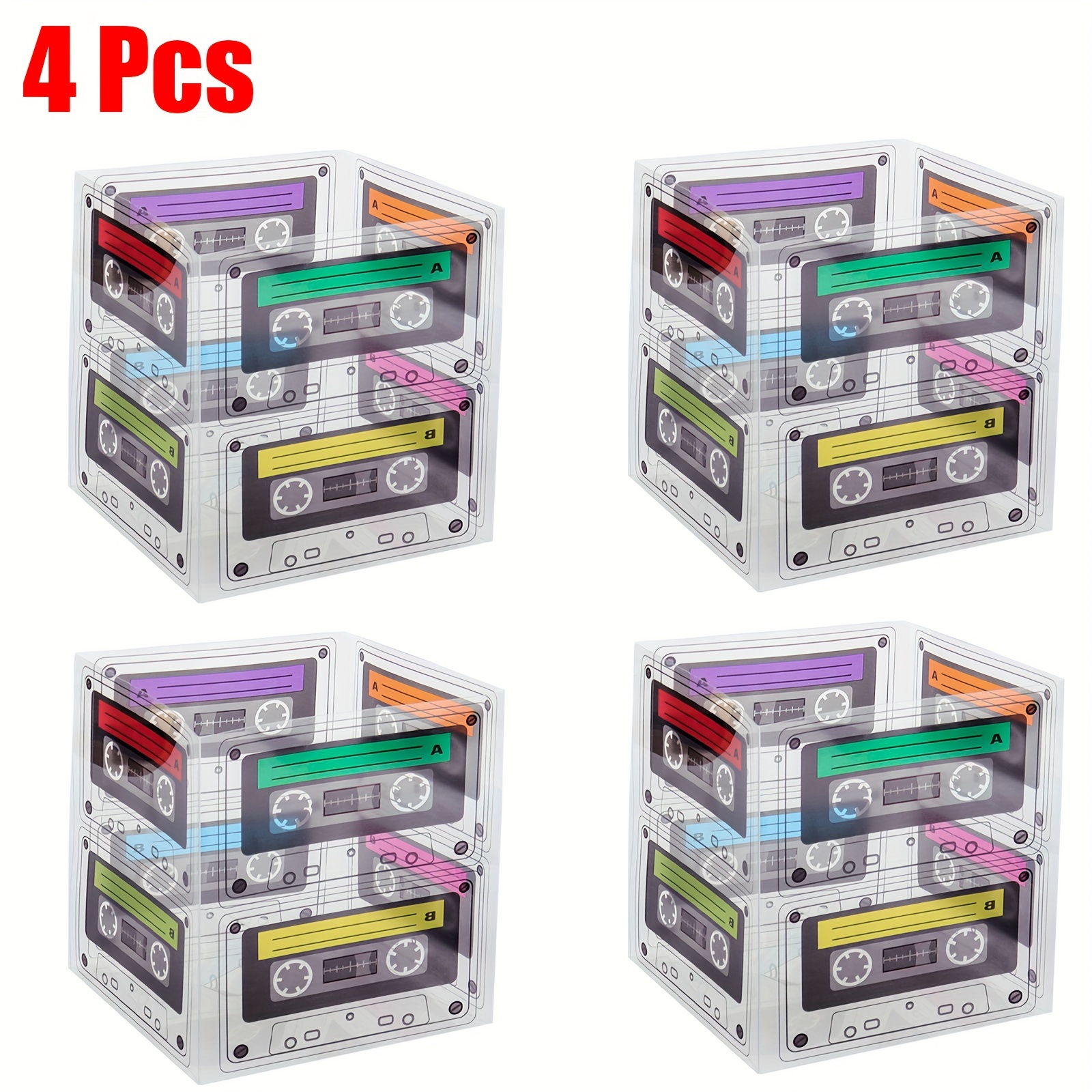 

4-piece Retro Cassette Tape Centerpieces For 80s & 90s Parties - Hip Hop Themed Table Decor, Durable Pvc Party Favor Holders For Candy & Snacks