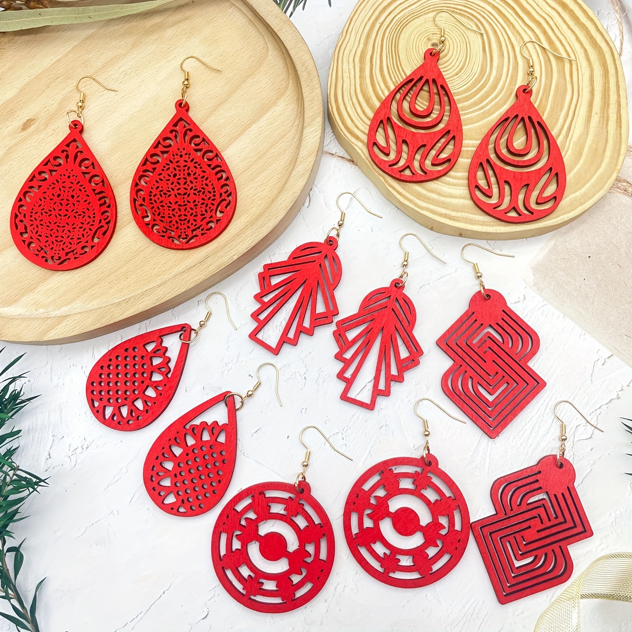 TEMU A Set Of 6 Pairs Of Large Red Vintage Wooden Hollow-out Earrings, Holiday Gift, Women's Gift