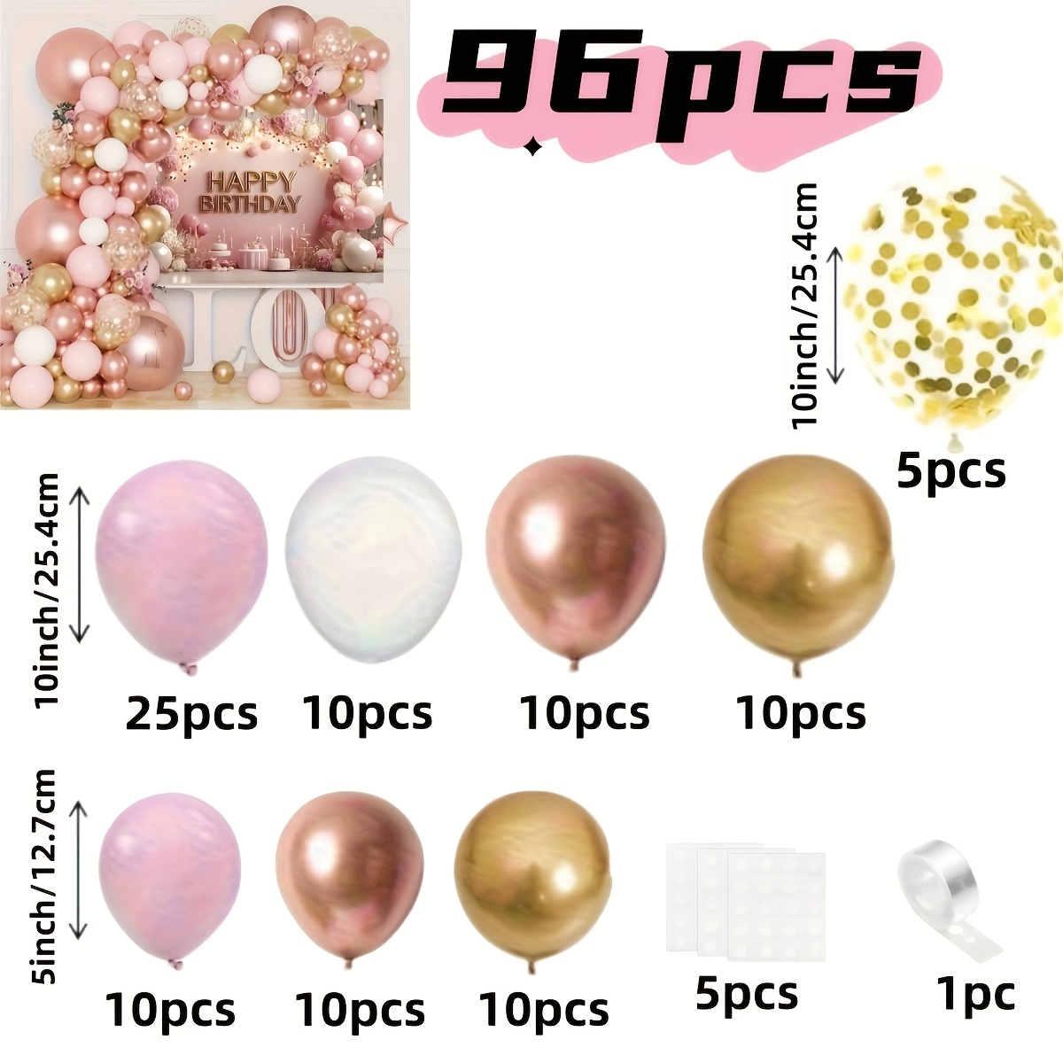 TEMU 96pcs Rose Arch Set, Including Golden Confetti Balloons. Photography Studio Poses, Props, Scenes, Atmosphere, Photography Props. Suitable For