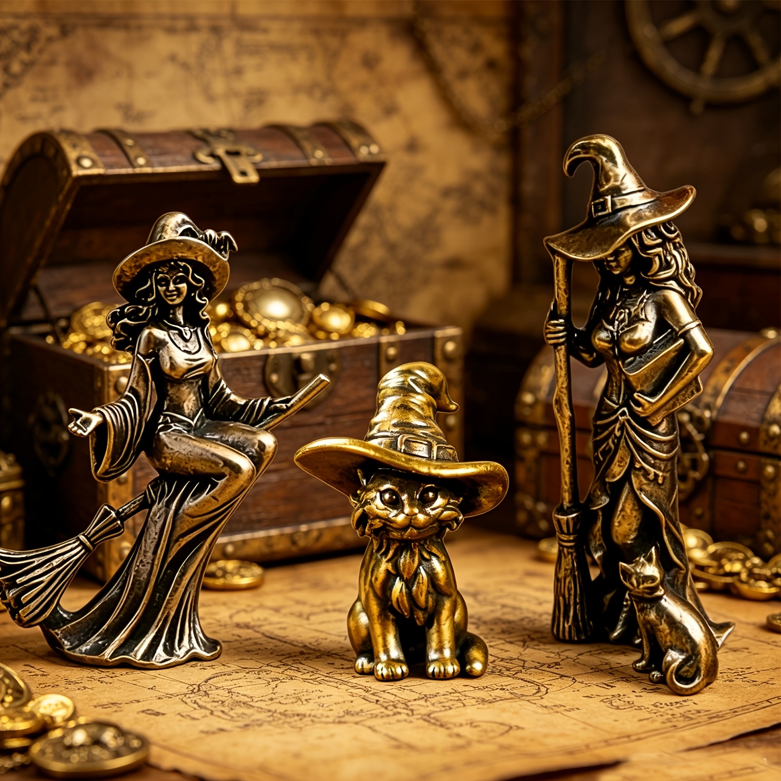 TEMU 3pcs Creative Broom Witch And Statue Ornaments, Collectible Figurines Metal Figurines, Suitable For Home And Office Decoration, Halloween Style