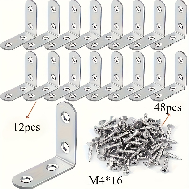 TEMU 60/100pcs Set L-bracket Stainless Steel Angle Set(12/20 Brackets +48/80screws) 1.57x1.57 Inch, L-bracket Fixtures Used For Wooden Shelves,
