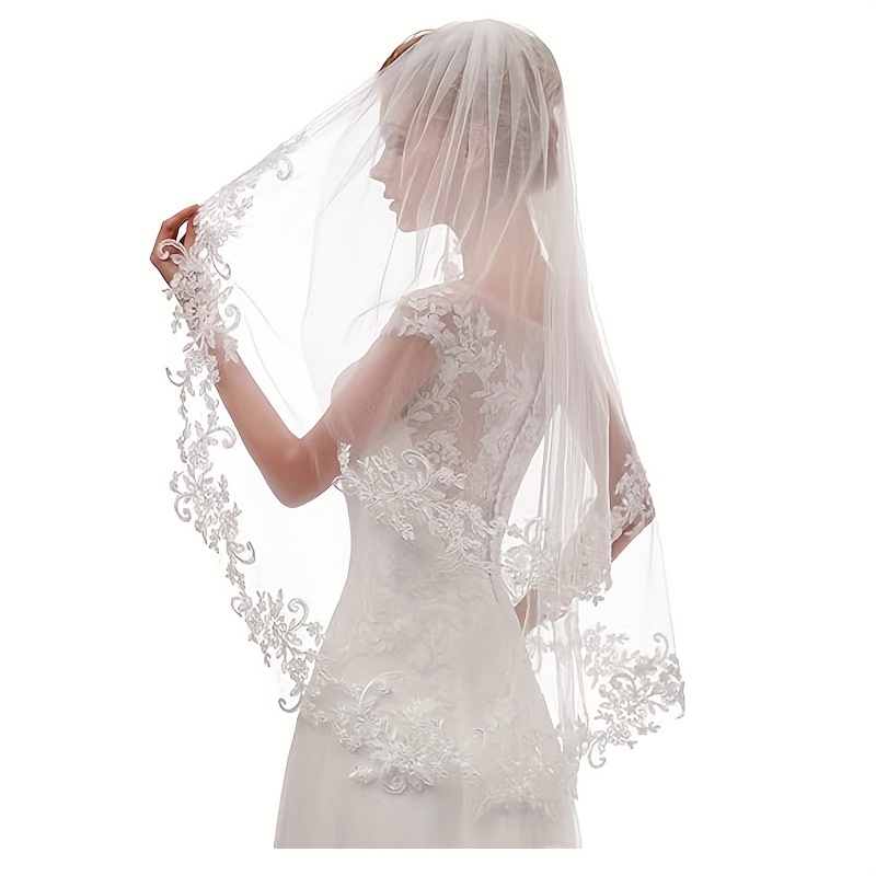 

Women's Short 2-layer Wedding Veil With Comb And Lace Wedding Veil White Cathedral Veil Suitable For Brides And Ladies (white)