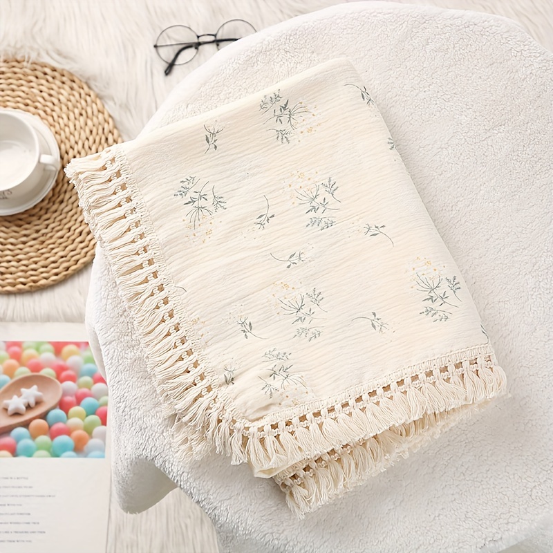 1pc Printed Pure Cotton Blanket Soft And Breathable Crepe Tassel Decoration Blanket Multi-functional Portable Baby Blanket For Going Out