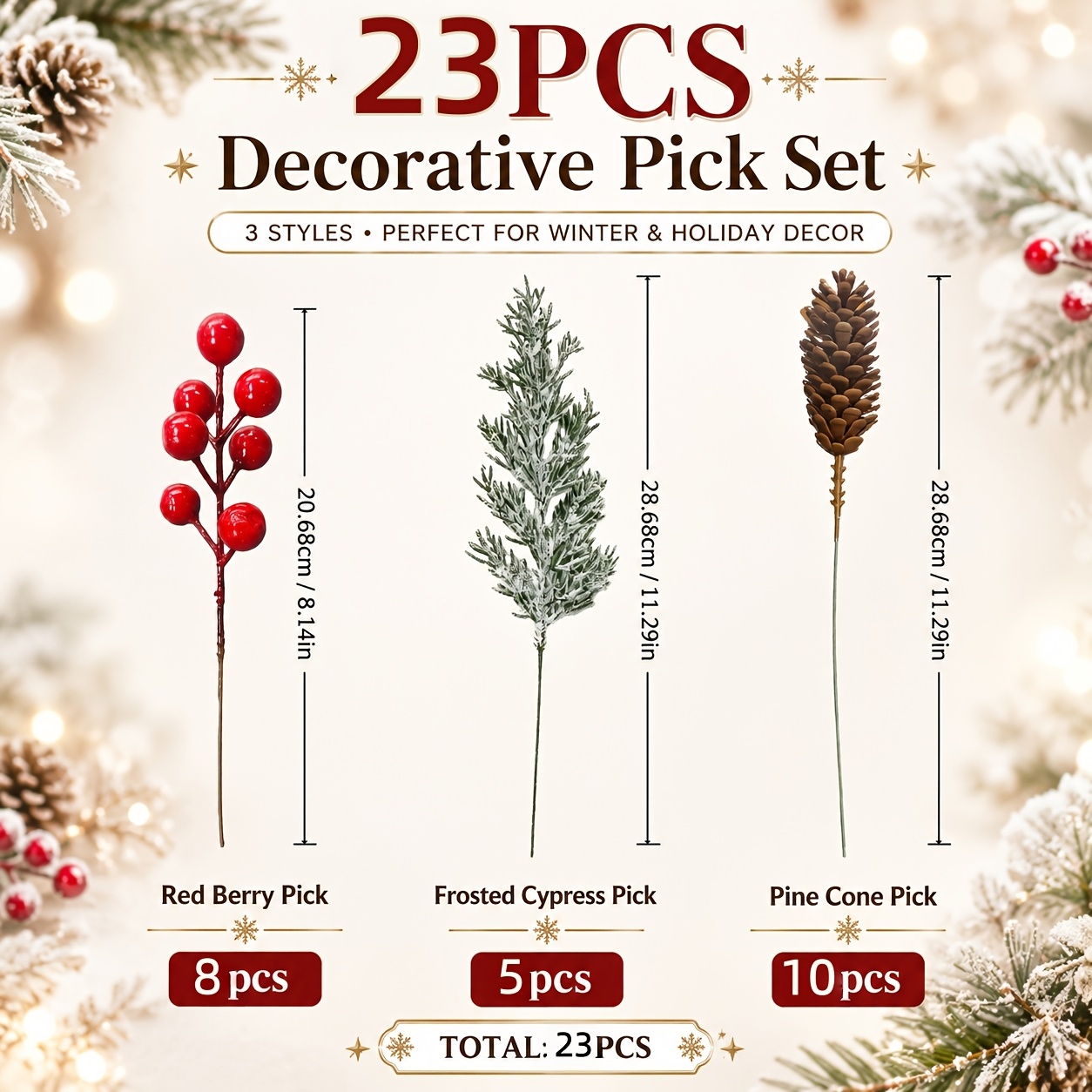 TEMU 23pcs Christmas Artificial Decorative Branch Set, Diy Christmas Tree Branch Inserts, Holiday Vase Floral Arrangement Ornaments, Winter New Year