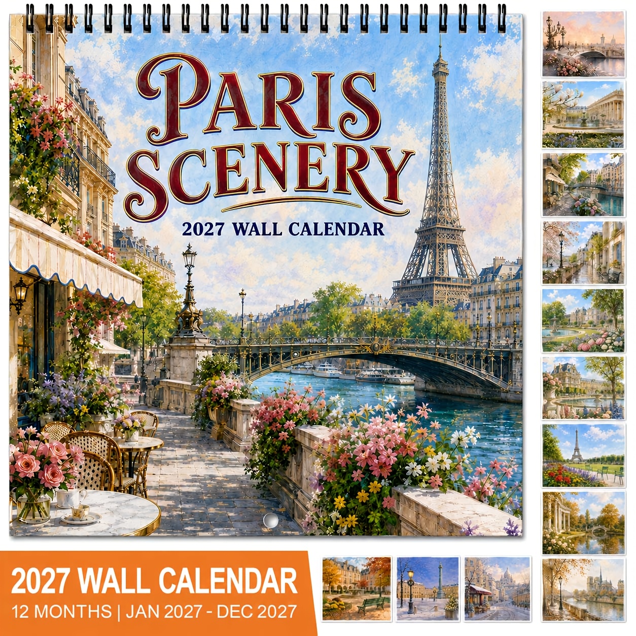 TEMU 2027 Paris Scenery Wall Calendar, 12-month -december Monthly Planner With Eiffel Tower, Gardens & City , Large Date Grid, Hanging Calendar For
