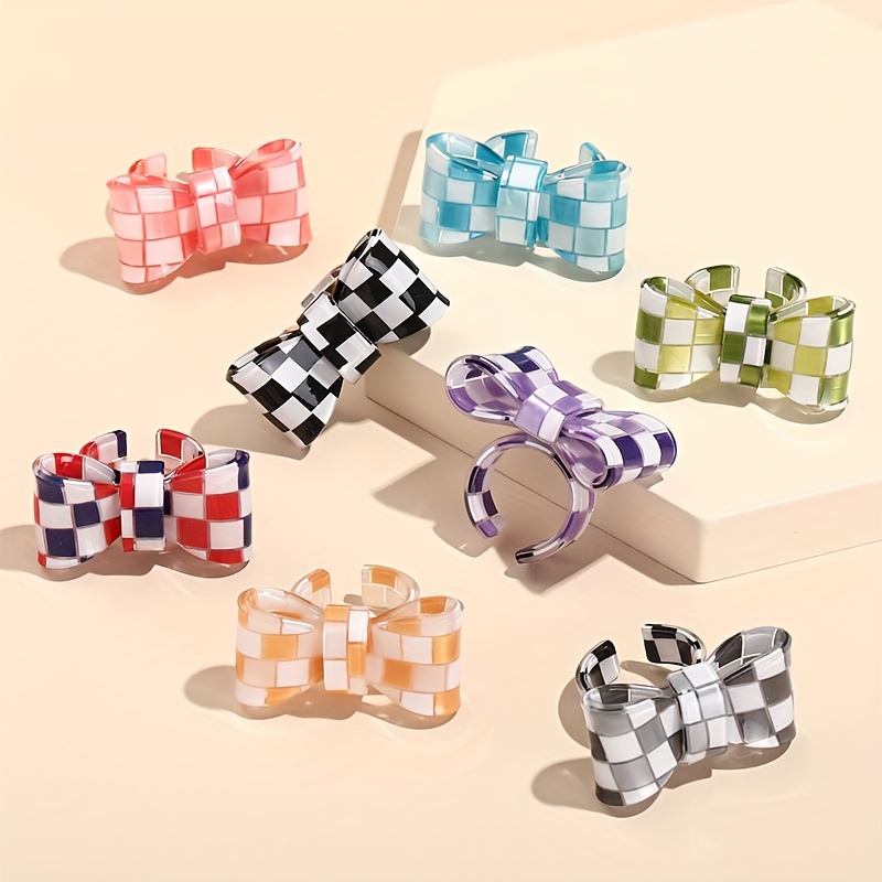 Resin Bowknot Rings Checkered Block Statement Rings for Women