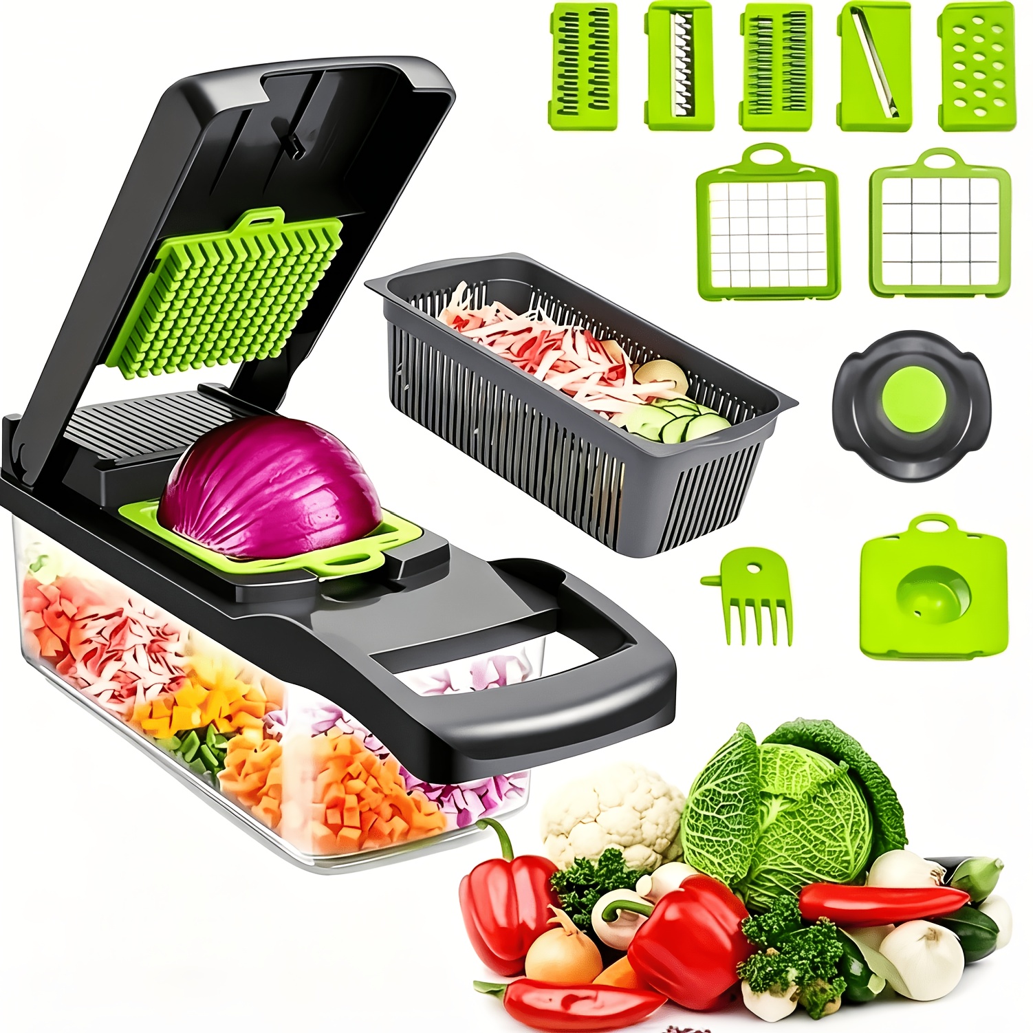 14 in 1 multifunctional vegetable chopper with large capacity collector stainless steel   manual operation   egg separator easy to   for dicing slicing and grating vegetables and fruits