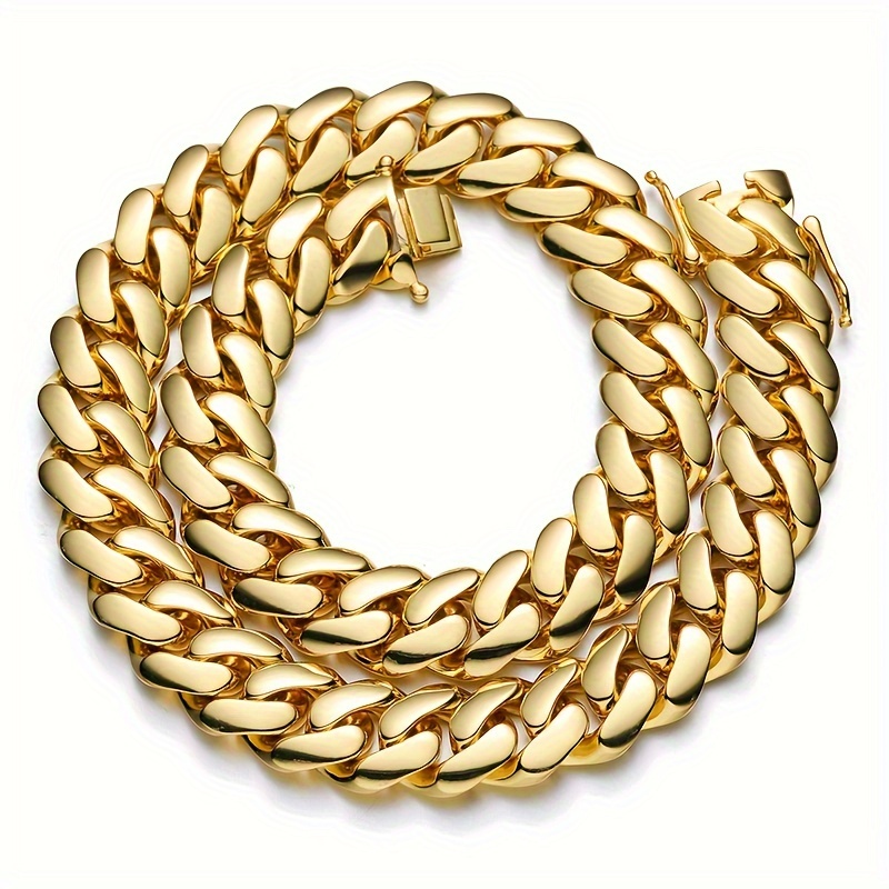 

1pcs Thick 18k Gold Plated Hip Hop Jewelry Stainless Steel 14mm Men Cuban Link Chain New Faucet Buckle Necklace