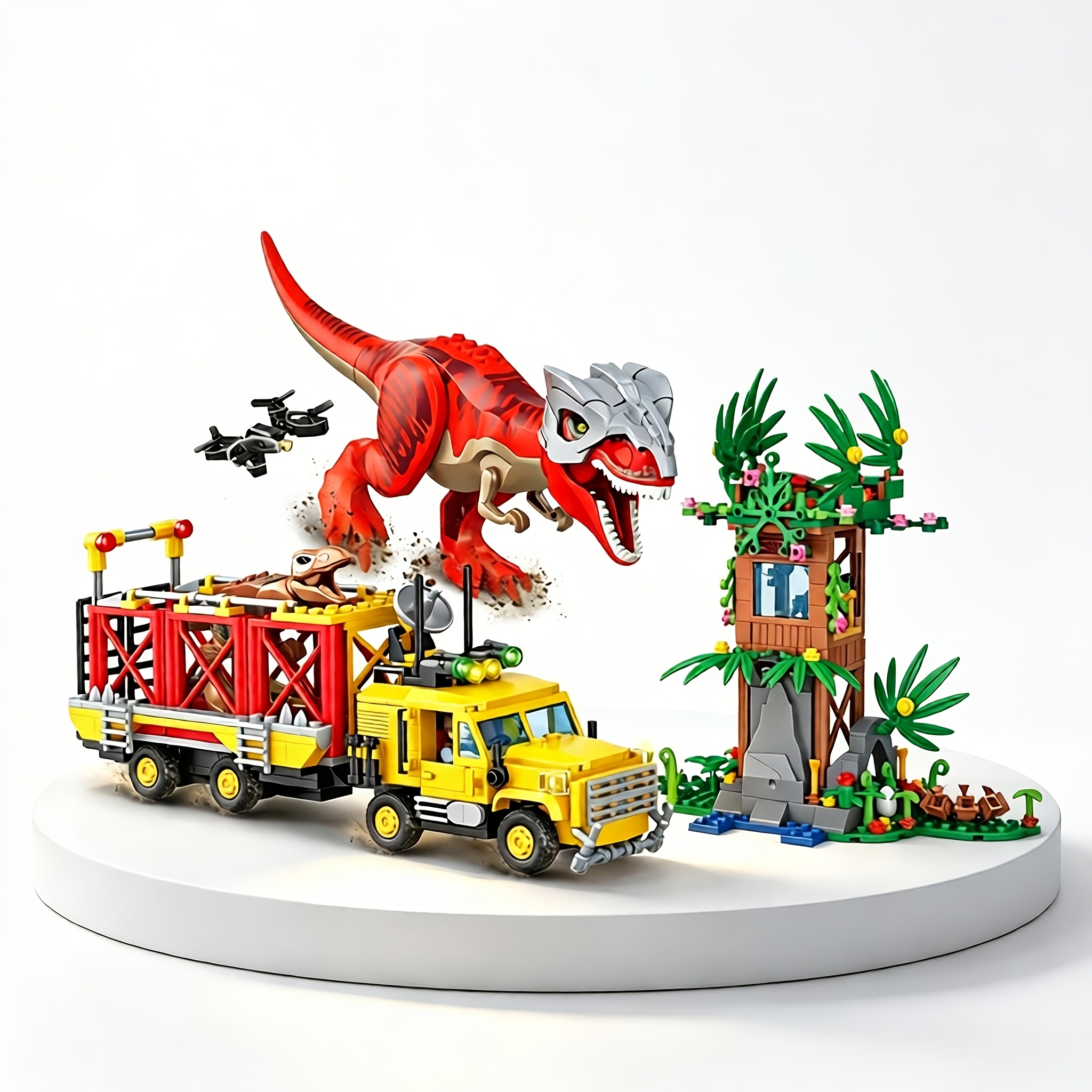 Red T-Rex Attacks Dinosaur Transport Truck Model