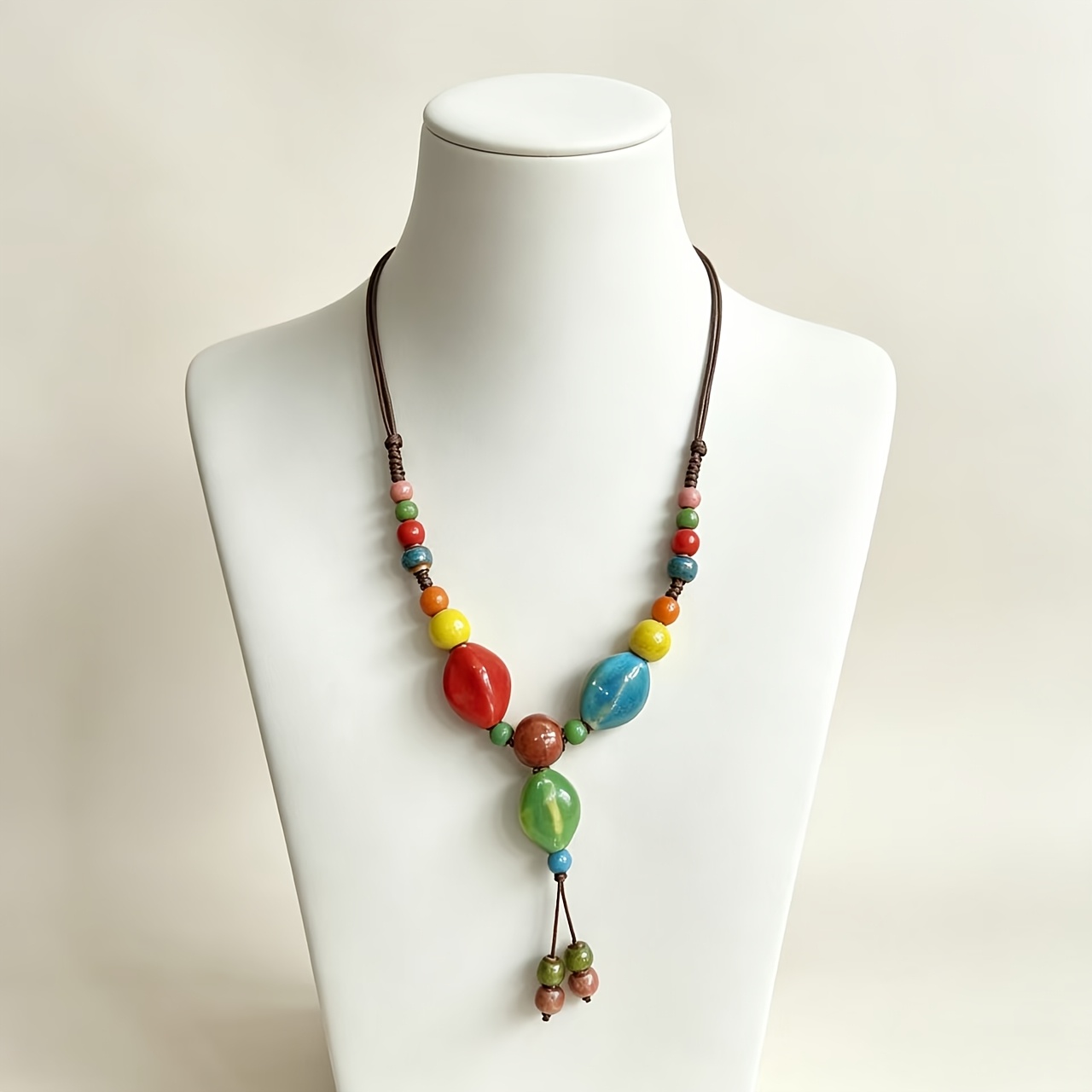 Macaron Color-Block Olive-Shaped Ceramic Bead Necklace