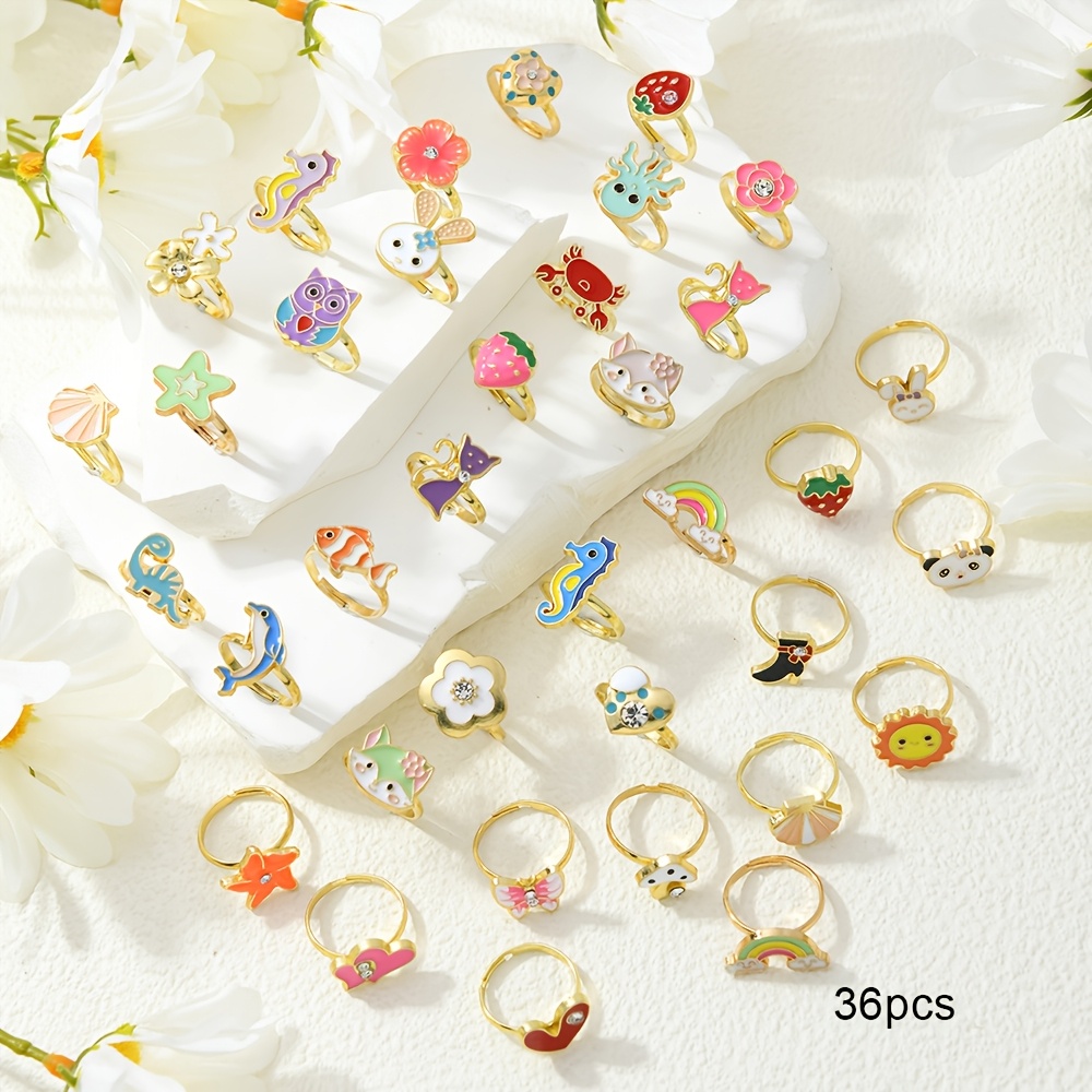 TEMU 36pcs Sweet And Cute Cartoon Rings, Animal, Flower, And Heart Shapes, Colorful Drip-enamel Ring Set, Alloy Material, Adjustable , Suitable For
