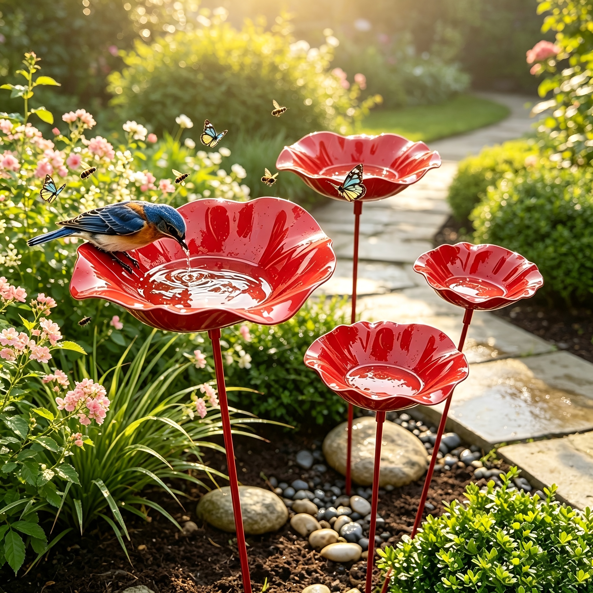 TEMU 4 Pack Metal Bath Stake, Rustproof Iron Flower Shaped Bird Water Bowl With Stake, Freestanding Garden Bird Feeder For Outdoor Yard Lawn Decor,