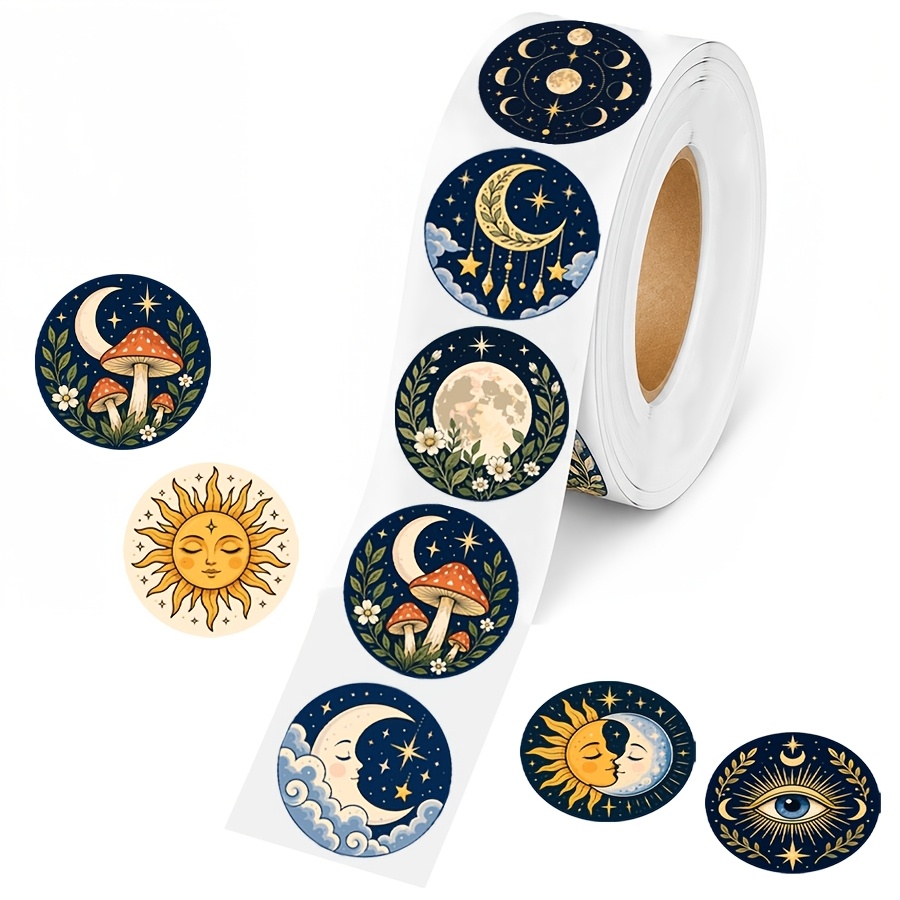 TEMU Rotolo di 500 adesivi celestiali, 10 design etichette con luna, sole e , adesivi decorativi in stile mistico per diari, scrapbooking, confezioni